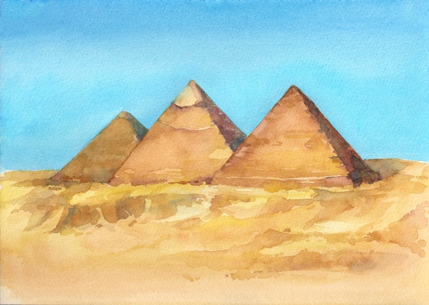 Photo watercolor hand drawn illustration of egyptian pyramids in giza