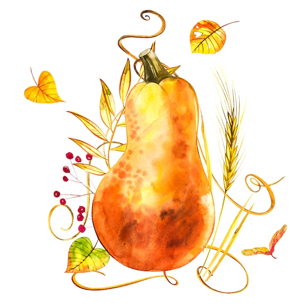 Foto l'illustrazione disegnata a mano dell'acquerello della zucca con pittura spruzza. cibo arancione. zucche arancio dell'acquerello fresco di arte isolate sul bianco.