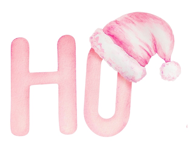 Watercolor hand drawn illustration of santa claus phrase ho ho ho with hat in pink merry christmas