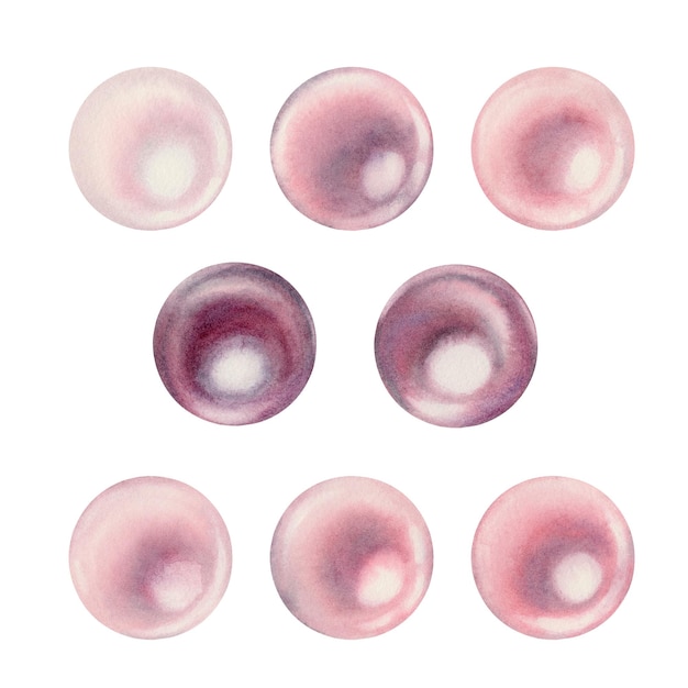 Watercolor hand drawn illustration of sea pearls Groups and individual beads for the design