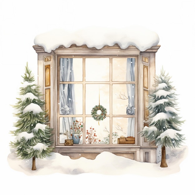 Watercolor hand drawn illustration winter window on white background