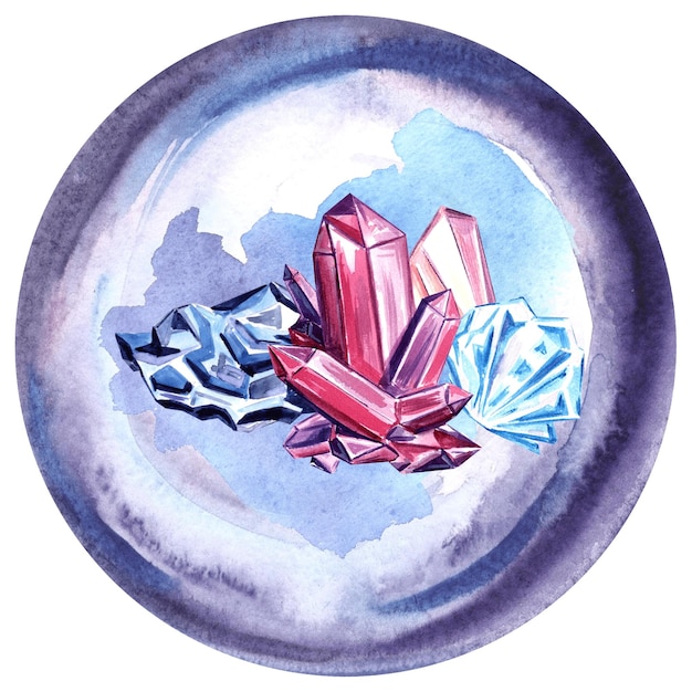 Foto illustrazione disegnata a mano in acquerello con cristalli rosa blu in una sfera di cristallo illustrazione jpeg