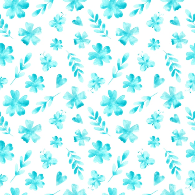 Watercolor hand drawn light blue flowers leaves butterflies seamless pattern on white background