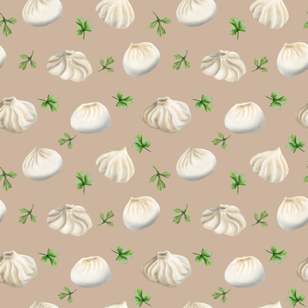 Watercolor hand drawn pattern of Chinese dumplings and parsley on light beige background