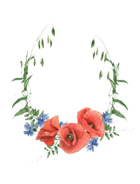 Watercolor hand drawn poppies cornflowers and herbs wreath Perfect for invitation and social media