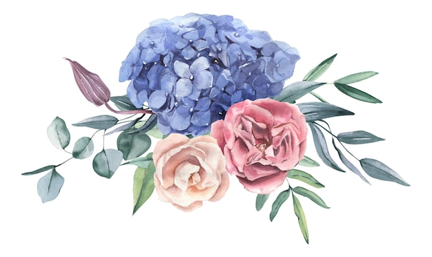 Watercolor hand drawn roses hydrangea and eucalyptus bouquet Perfect for invitation and social media