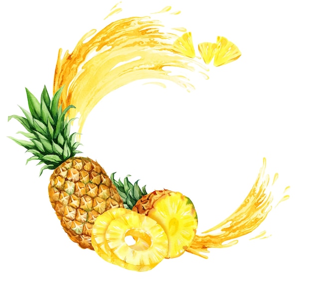 watercolor hand drawn round frame with pineapple half slices ripe pineapple rings stream of juicy