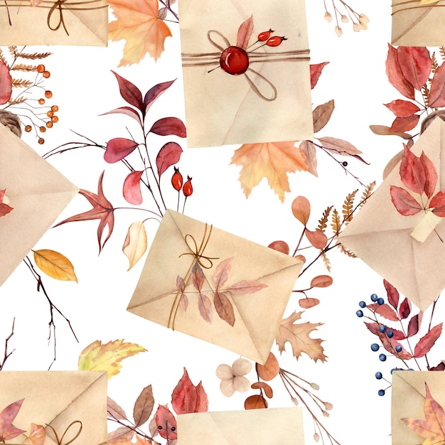 Watercolor hand drawn seamless pattern with autumn leaves berries and letters