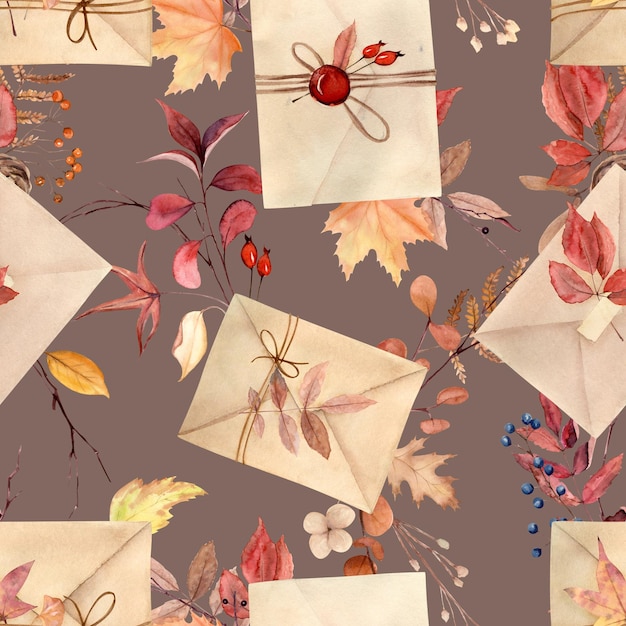 Watercolor hand drawn seamless pattern with autumn leaves berries and letters