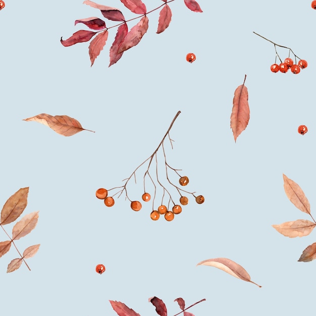 Watercolor hand drawn seamless pattern with autumn leaves and berries