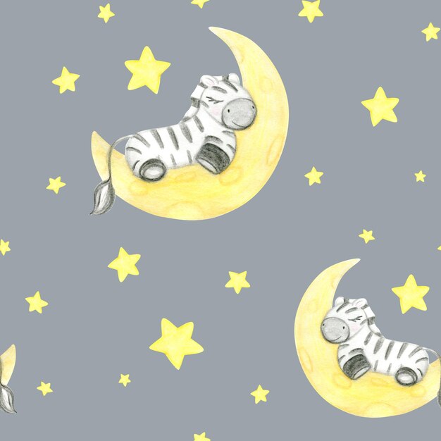 Watercolor Hand Drawn Seamless Pattern With Cute Sleeping Zebra