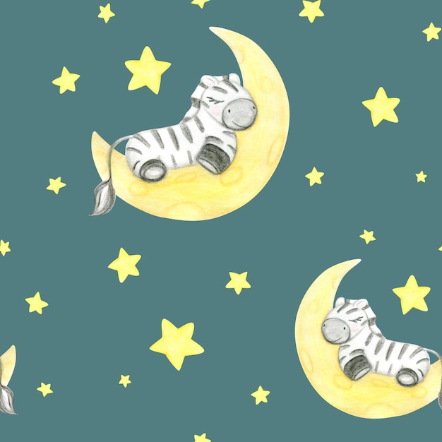 Watercolor Hand Drawn Seamless Pattern With Cute Sleeping Zebra