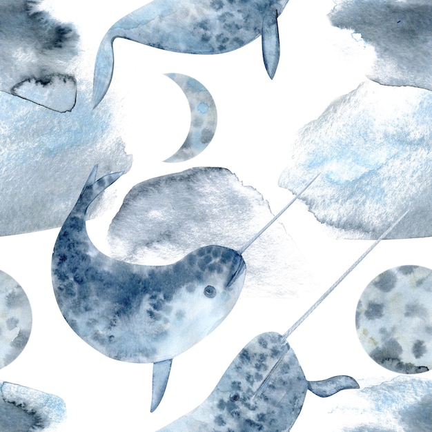 Photo watercolor hand drawn seamless pattern with narwhales