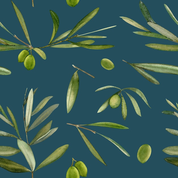 사진 올리브 잎과 올리브와 수채화 손으로 그려진된 완벽 한 패턴
