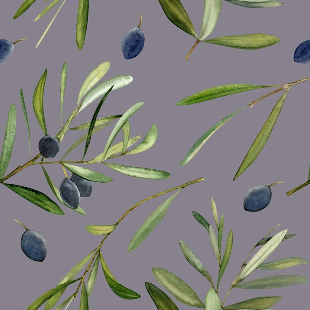 Foto reticolo senza giunte disegnato a mano dell'acquerello con foglia d'ulivo e olive