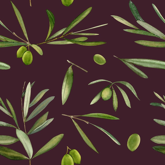 Foto reticolo senza giunte disegnato a mano dell'acquerello con foglia d'ulivo e olive