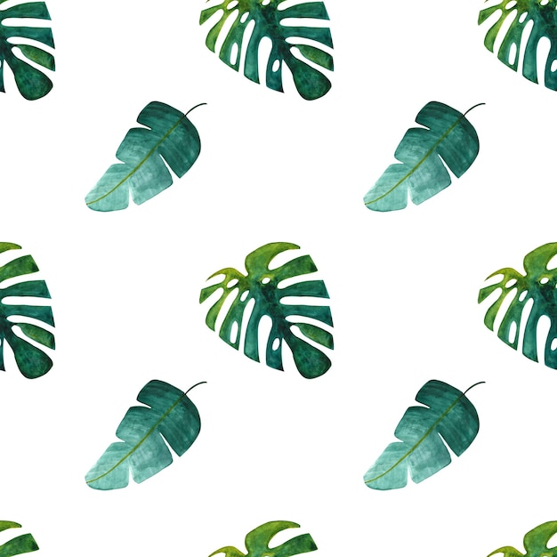 Watercolor hand drawn seamless tropical pattern with monstera and banana leaf