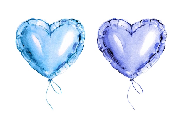 watercolor hand drawn set with blue foil air balloons heart shape metallic balloon for Valentine day