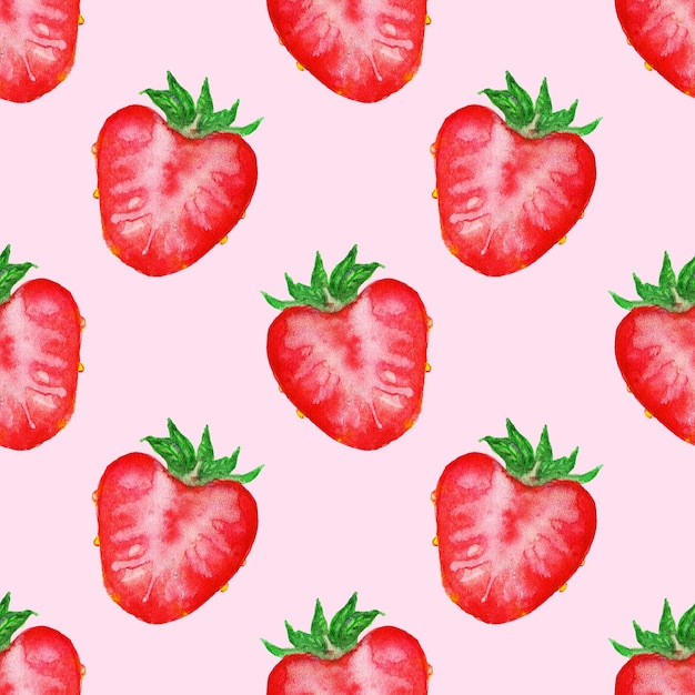 Watercolor hand drawn sketch red strawberry berry slice seamless pattern texture background