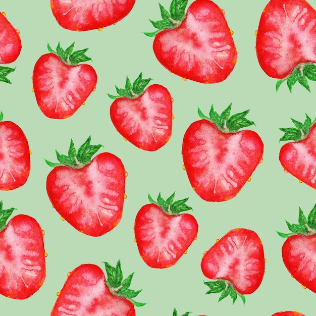 Watercolor hand drawn sketch red strawberry berry slice seamless pattern texture background