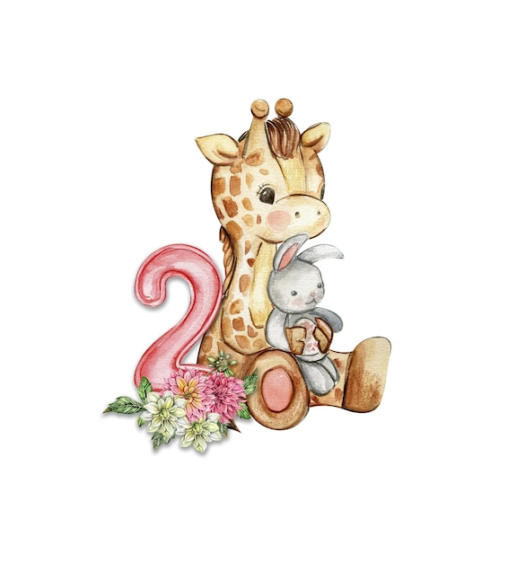 Watercolor hand drawn small baby giraffe with dahlia flowers and numbers composition