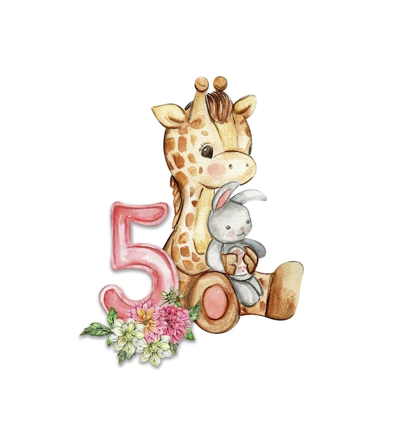 Watercolor hand drawn small baby giraffe with dahlia flowers and numbers composition