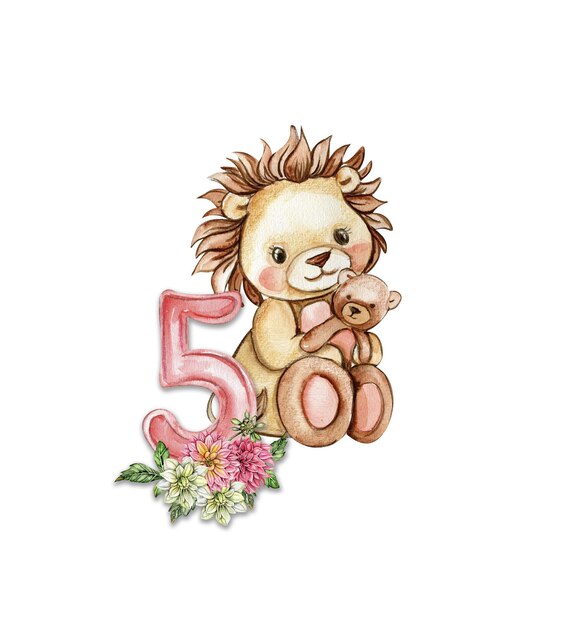 Watercolor hand drawn small baby lion with dahlia flowers and numbers composition