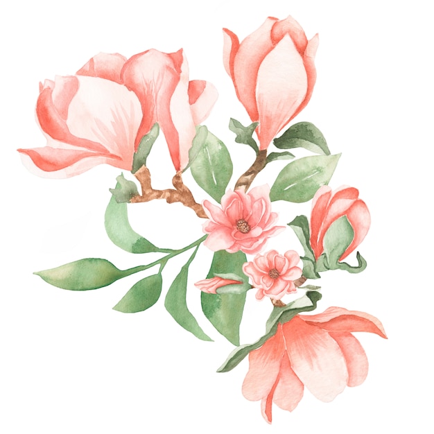 水彩の手描き緑の葉と枝と柔らかいピンクのマグノリアの花の花束イラスト。ウェディングブーケ。