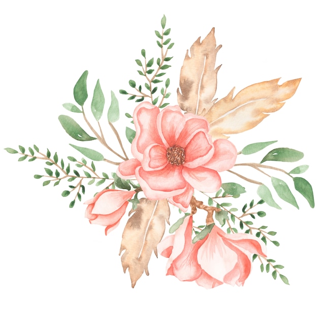 Watercolor hand drawn soft pink peony and magnolia flowers bouquet illustration with green leaves, feathers and branch. Wedding bouquets.