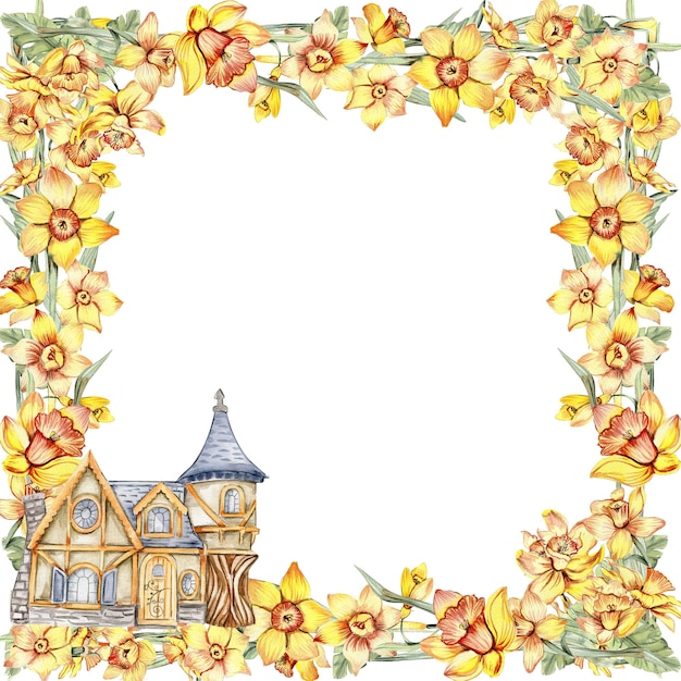 Watercolor hand drawn spring garden full of narcissus square frame