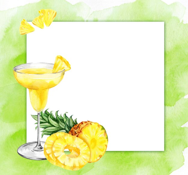 watercolor hand drawn square frame with pineapple with half and slices ripe pineapple cocktail glass