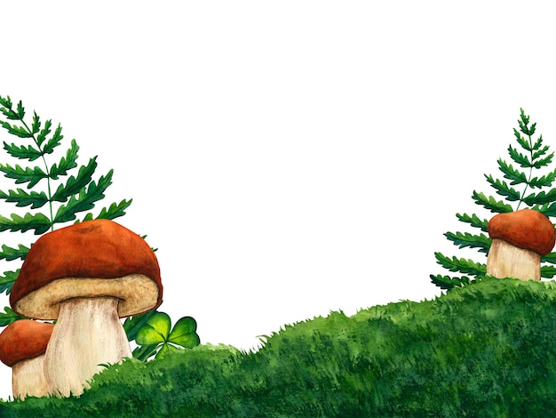 Watercolor hand drawn wild forest mushrooms porcini Nature forest lawn scene Wild fern landscape element Isolated eco natural food vegetables illustration on white background