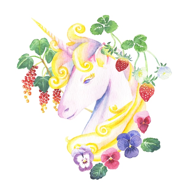 Watercolor hand painted beautiful unicorn surrounded with berries and flower of forest