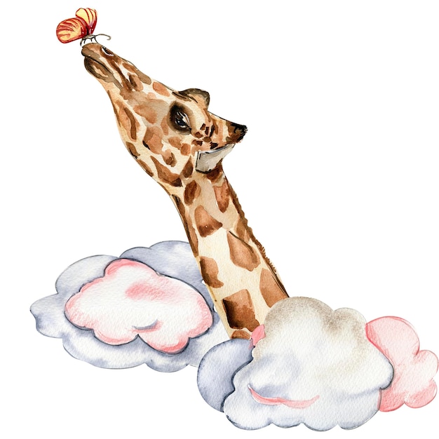 Watercolor hand painted cute clowds and giraffe Illustration