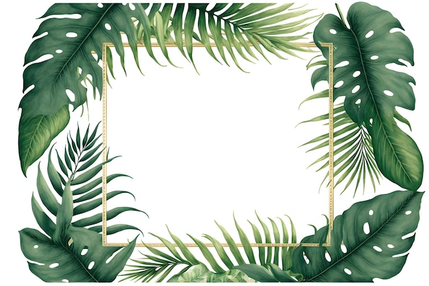 Photo watercolor hand painted frame with tropical green leaves and branches. frame for wedding invitations