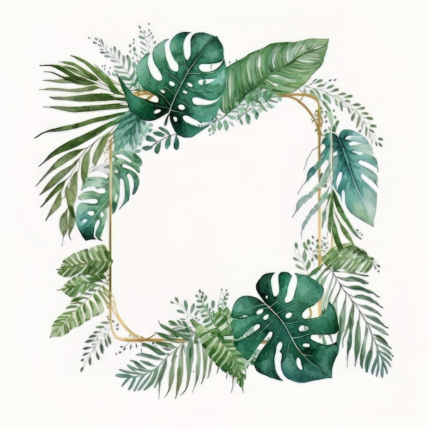 Watercolor hand painted frame with tropical green leaves Illustration AI Generative