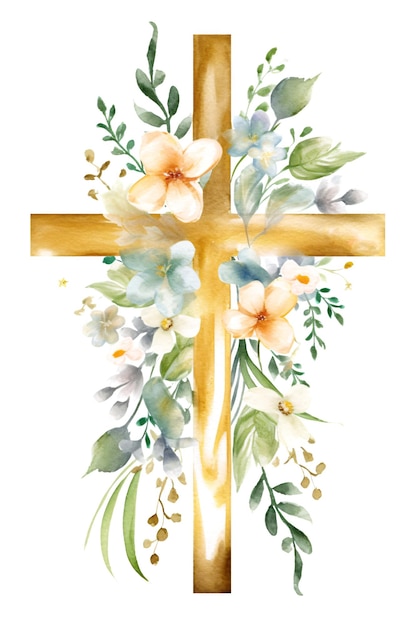 Watercolor hand painted greenery flowers around religious cross Holy Spirit clipart paint art illustration Generative Ai