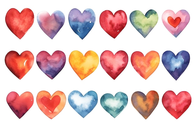 Watercolor hand painted love hearts set illustrated in colorful ink and isolated Generative ai