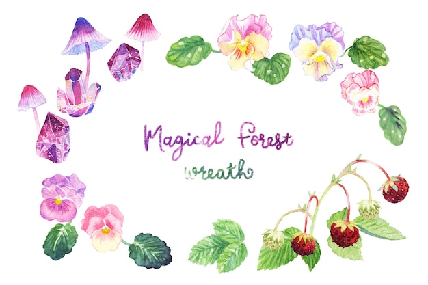 Watercolor hand-painted magical forest oval wreath