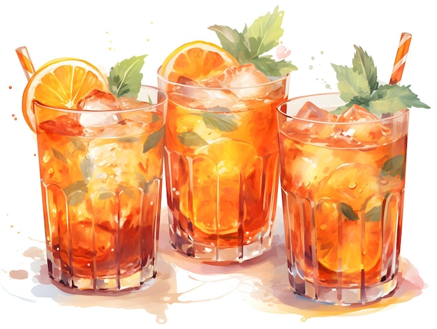 Watercolor hand painted orange cocktail in glass with slice fruit orange