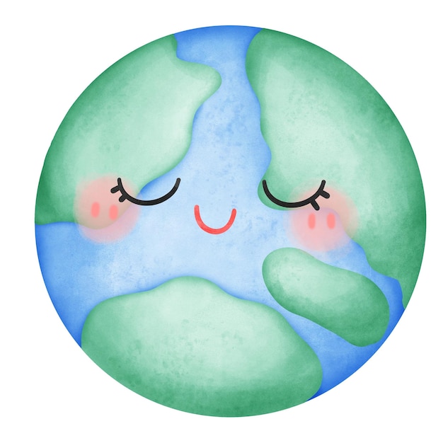 Watercolor hand painted planet Earth with clam face isolated