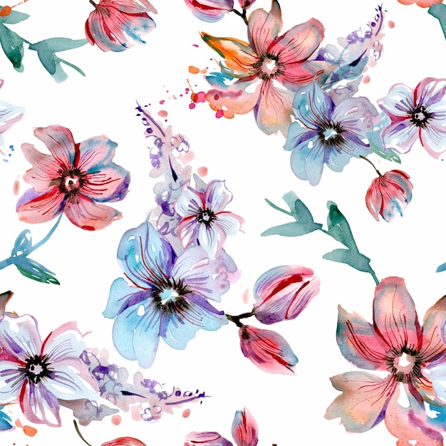 Watercolor hand painted seamless pattern with pink and blue flowers on a white background