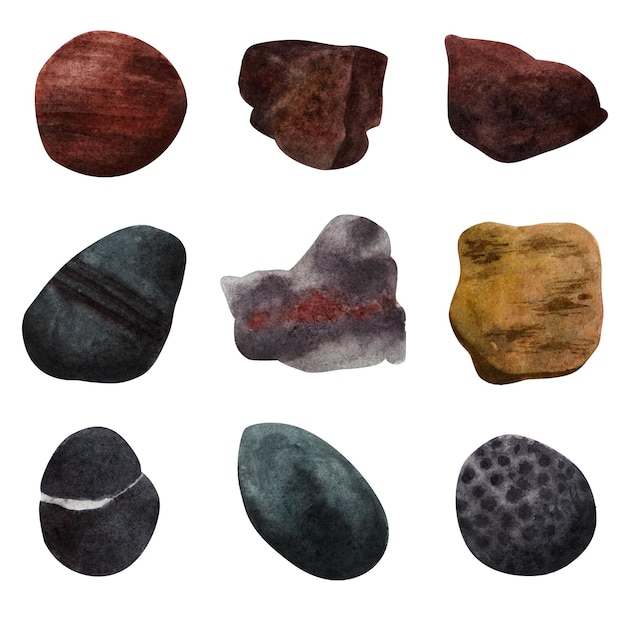 Watercolor hand painted stones Watercolor set isolated on white background