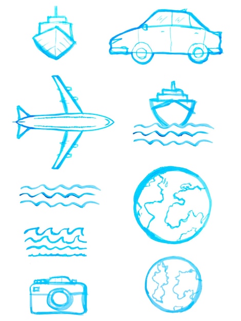 watercolor hand painted Various icons blue symbol picture set Tourism boats water waves globes