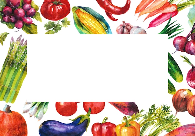Watercolor hand painted vegetables frame Food design illustration isolated on white background