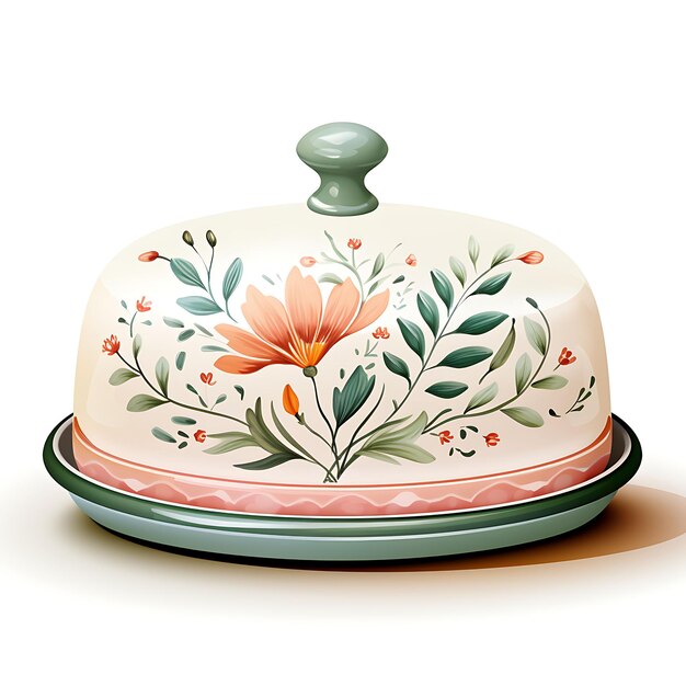 Watercolor of Handcrafted Ceramic Butter Dish With a Floral Pattern Round Clipart Tshirt Design