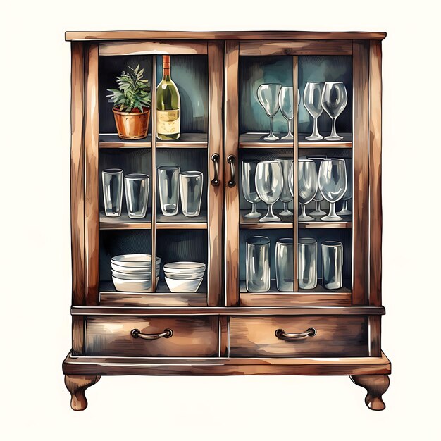 Watercolor of Handcrafted Teak Wine Cabinet With a Rectangular Shape Dark Clipart Tshirt Design