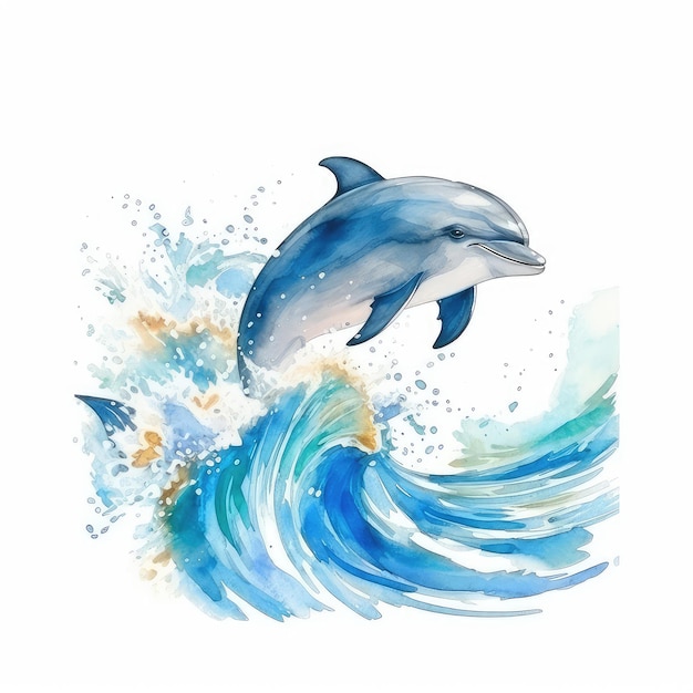 水彩画で手で描かれたイルカのイラスト