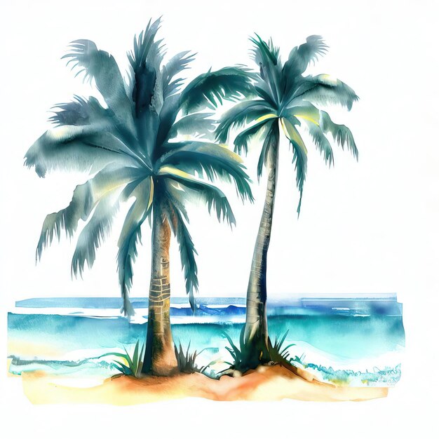 Watercolor handdrawn landscape with sand beach palms and ocean Generative AI