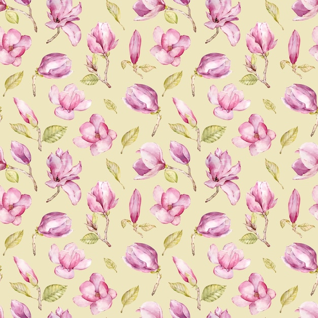 Acquerello disegnato a mano senza soluzione di continuità modello magnolia design rosa magnolia primavera sbocciare fiori meravigliosi